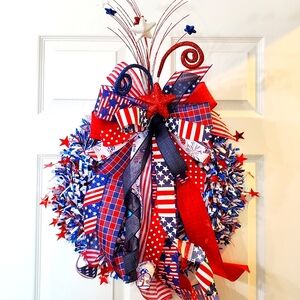 Happy Fourth of July Patriotic Tinsel Wreath, Red White and Blue Door Decor